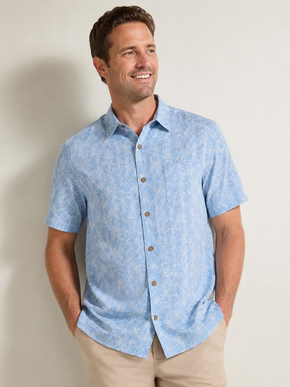 Tommy Bahama ISLAND ZONE Men's Shirt Sz M Silk Blend Short Sleeve Geometric Blue